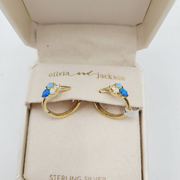 Olivia and Jackson Sterling Silver Cubic Zirconia Earrings Blue Gold Tone Boxed - Picture 2 of 10